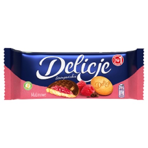 Biszkopty z galaretką o smaku malinowym oblane czekoladą  Delicje 147 g