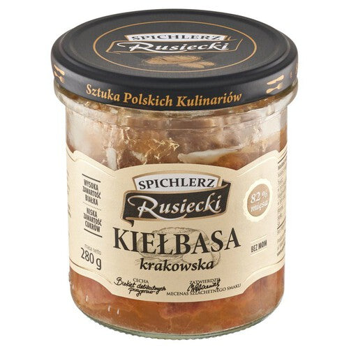 Kiełbasa Krakowska. Konserwa wieprzowa Spichlerz Rusiecki 280 g